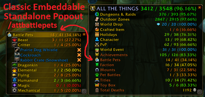 Standalone Battle Pets window that can also be embedded directly within the Main List. (Currently only enabled in Classic Game Flavors)
